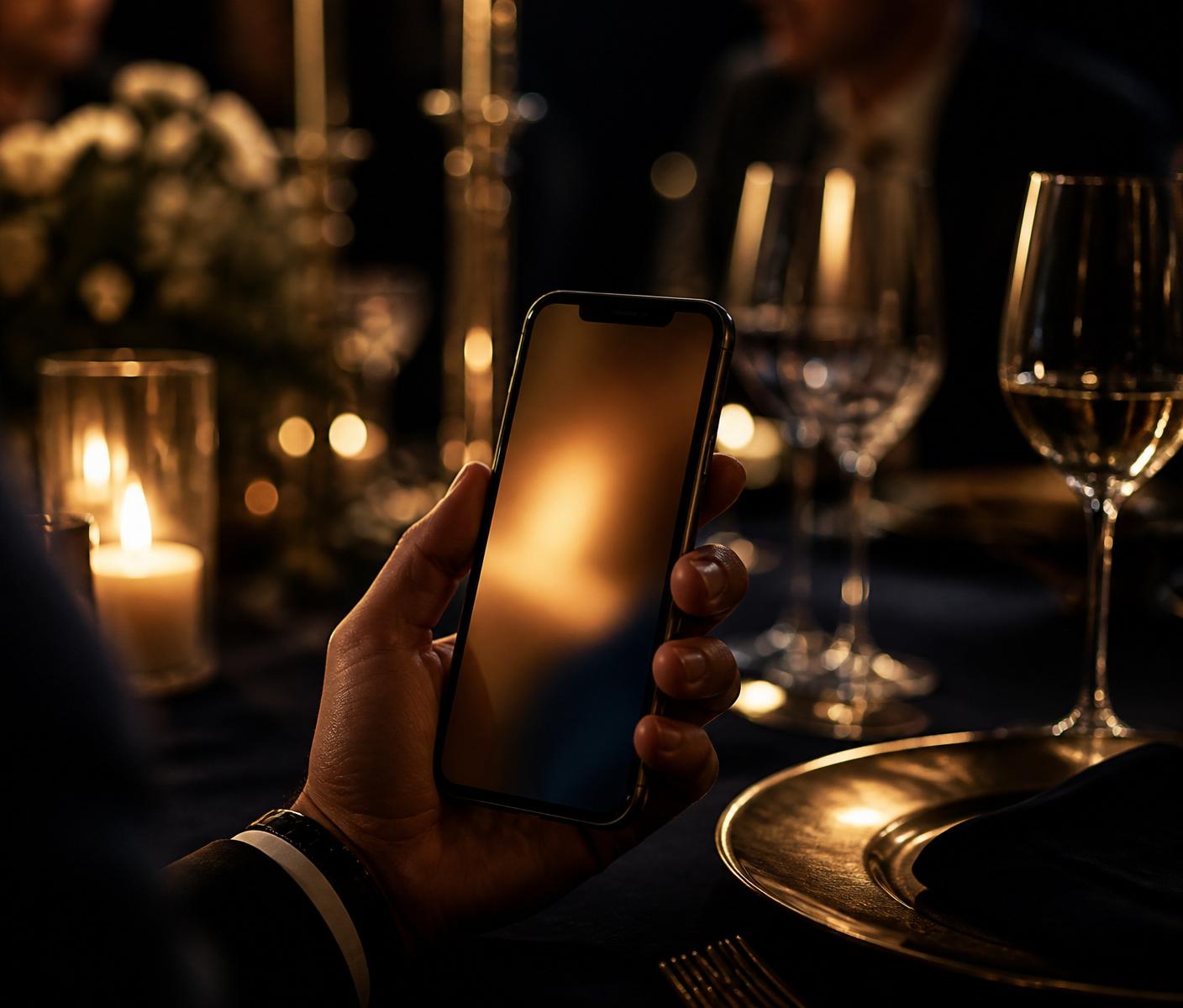 A guest holding their phone at a candlelit dinner